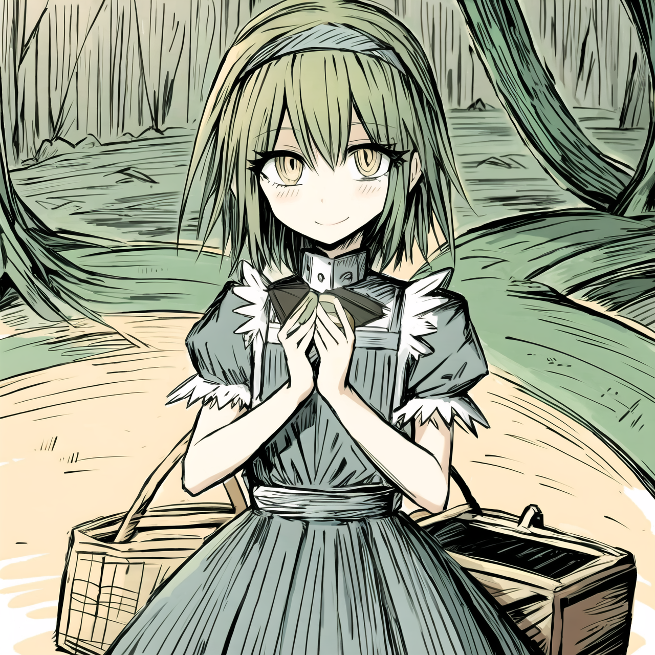 04075-623678979-official art, official artstyle, game cg, bille, 1girl, solo, standing, smile, holding a picnic box, green hair, ringed eyes, ye.png